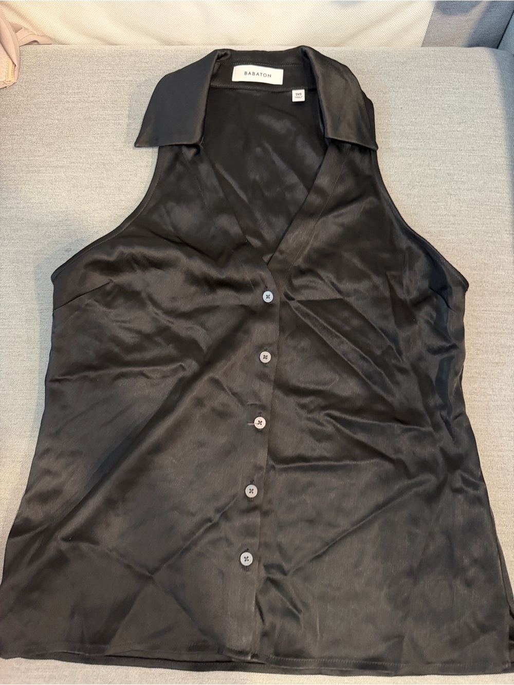 Babaton Black Satin Button-Front Sleeveless Top